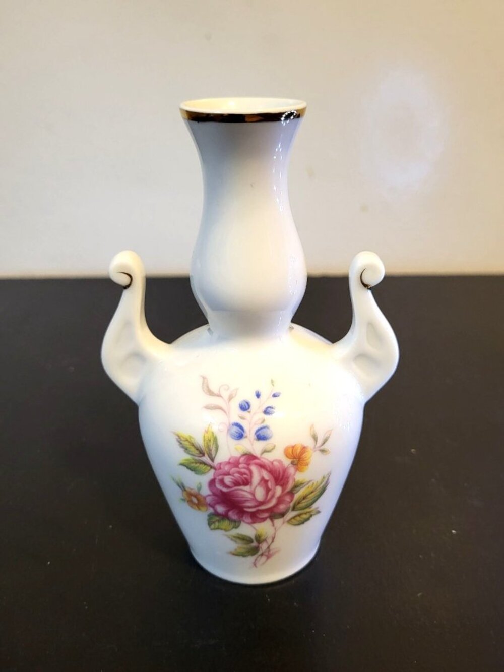 Vintage Hollohaza Hungary Miniature Porcelain Vase Floral Design Gold Trim 4.5"